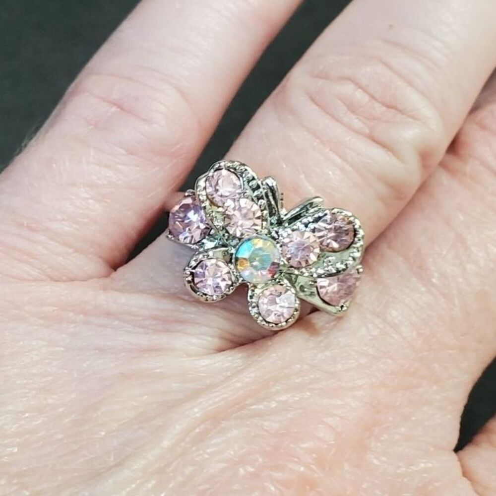 Silver tone pink rhinestone butterfly ring adjustable